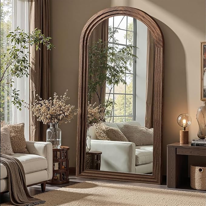 Delma Arched Full Length Floor Mirror with Stand, 55x24 Rustic Farmhouse Solid Wood Frame Wall Mirror for Bedroom, Living Room, Vertical Hanging & Standing(Brown)