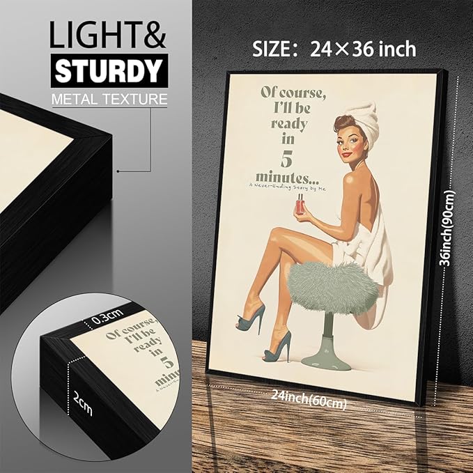 Boho Sage Green Bathroom Poster Vintage 70s Pin Up Girl Wall Art 24X36 inch Black Framed Of Course I'll Be Ready in 5 Minutes Canvas Prints for Toilet Lavatory Wall Decor
