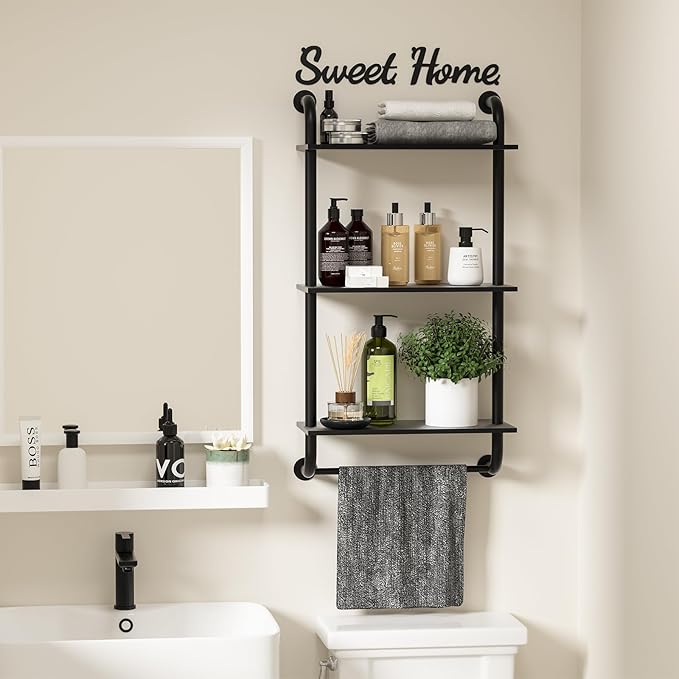 Tinpin Bathroom Shelves Wall Mounted, Rustic Farmhouse Pipe Shelves, Walls Shelf 3-Tier, Industrial Pipe Shelving, Floating Shelf Wall Decor for Bathroom, Kitchen, Bedroom, Living Room 17.3in Black