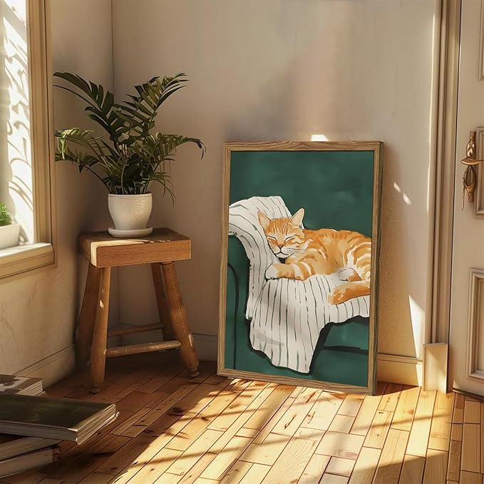 Funny Cat Wall Art Cute Cat Sleeping on Couch Wall Decor Painting Orange Pet Kitty Portrait Pictures Prints Contemporary Animal Canvas Artwork for Bedroom Living Room 12x16 inch Wood Framed