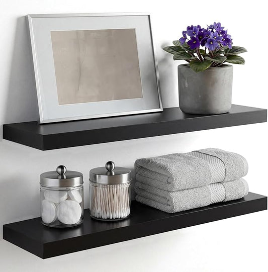 Homeforia Black Floating Shelves 24 inch, High End Solid Real Wood 24inch Bathroom Floating Shelf for Wall Mounted, Black Wooden 24in Floating Shelves, Heavy Duty Bracket, 24 X 6.5 X 1.75 in, Set of 3