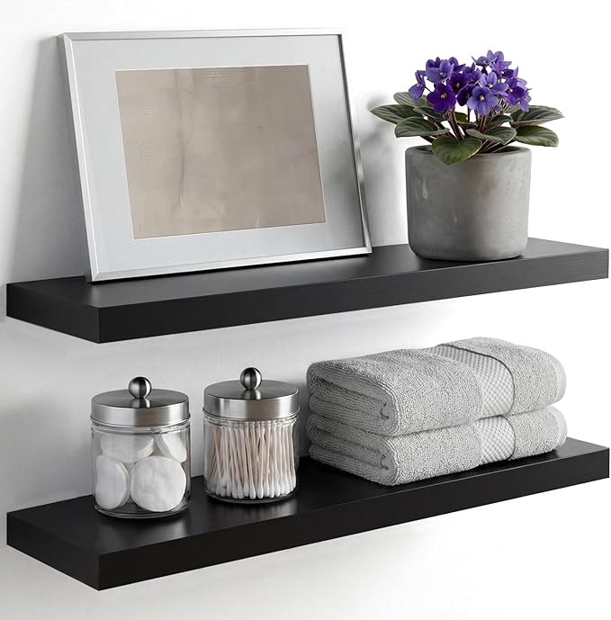 Homeforia Black Floating Shelves 24 inch, High End Solid Real Wood 24inch Bathroom Floating Shelf for Wall Mounted, Black Wooden 24in Floating Shelves, Heavy Duty Bracket, 24 X 6.5 X 1.75 in, Set of 2