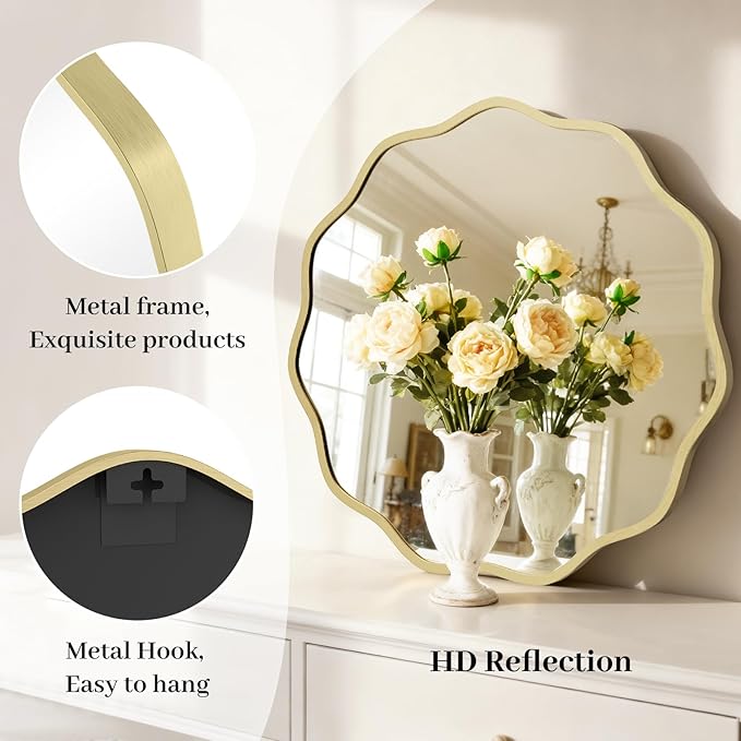 HOMECOOKIN 24 Inch Wavy Round Wall Mirror, Round Wavy Wall Mirror with Aluminum Frame for Bathroom Upgrades, Hotels, Dressing Tables,Farmhouses