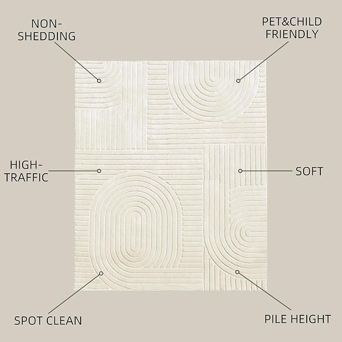 5x7 Solid Color Area Rugs – Washable Living Room Rug, Durable Non-Slip Indoor Carpet with Soft High-Low Pile, Fluffy Floor Rugs for Bedroom, Bedside, Kids Room, Dorm, Nursery, Home Décor, Beige