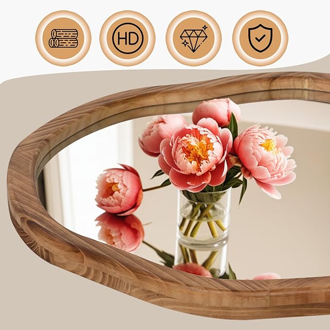 ULIKE Round Wood Mirror, 30 Inch Irregular Circle Vanity Wall Mirror with Wooden Frame, Rustic Decorative Wall Mount for Bathroom Bedroom Living Room Entryway, Rustic Brown