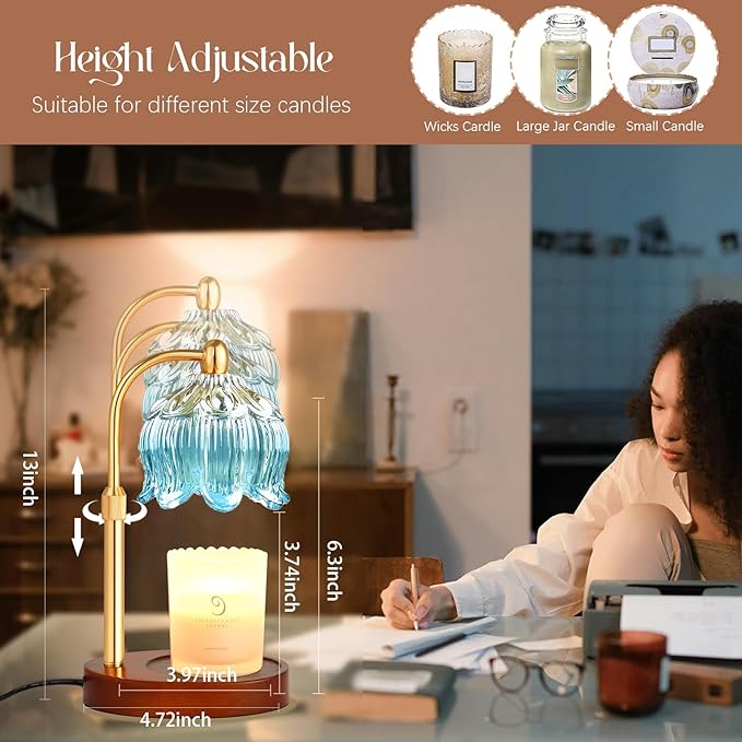 Adjustable Flower Candle Warmer Lamp with Timer, Lotus Tulip Glass Warmer Light for Jar Candles, Electric Wax Warming Melter, Gifts for Women Mom, Vintage Bedroom Decor (Blue)