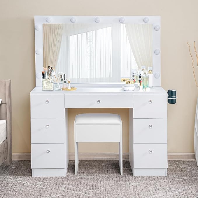 Naomi Home 46" Makeup Vanity Desk with Mirror & Lights – Dressing Table with 11 LED Bulbs, Adjustable Brightness & 3 Modes – Vanity Set with Chair, 7 Storage Drawers & Charging Station (White)