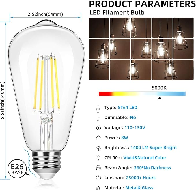 4-Pack Vintage 8W ST64 LED Edison Light Bulbs 100W Equivalent, 1400Lumens, 5000K Daylight White, E26 Base LED Filament Bulbs, CRI 90+, Antique Glass Style Great for Home, Bedroom, Office, Non-Dimmable