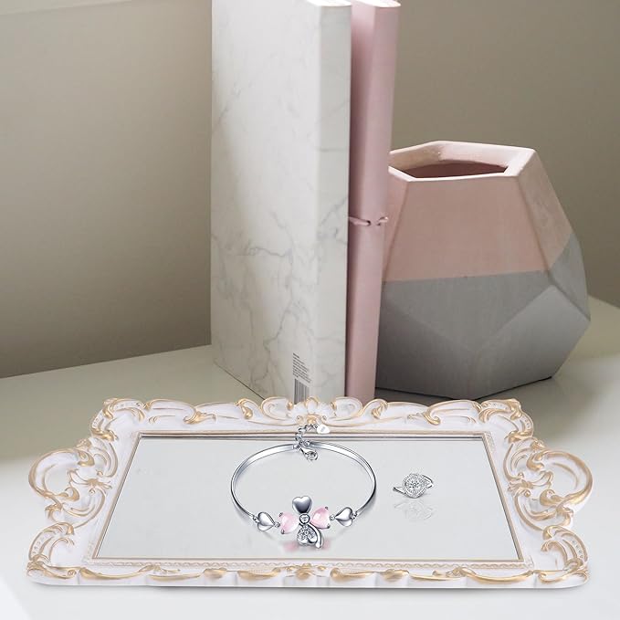 ULTECHNOVO Vintage European Style Mirror Tray Perfume Storage Plate Decorative Makeup Organizer White Rectangular Retro Mirror Tray for Photography and Home Décor