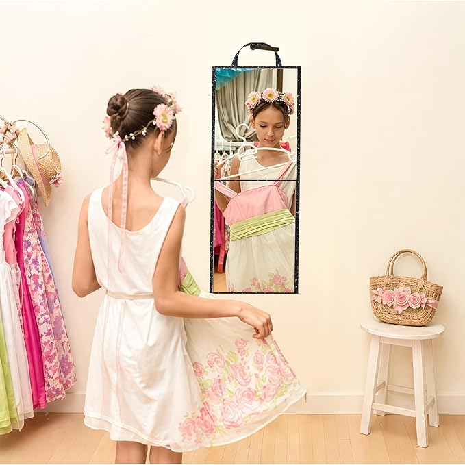 Foldable Full Length Mirror, Hanging Wall Mirror Portable Travel Mirror with Handle for Dance Home Bedroom Wardrobe Stage Makeup Checks Camping Outdoor Use (32.2" L x 12.5" W, Bi-Fold)