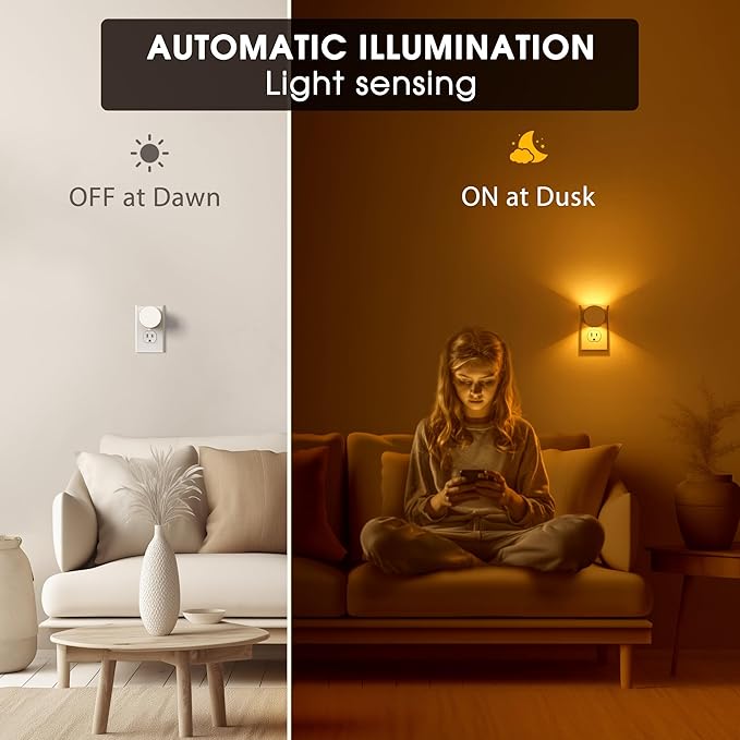 Briignite Night Light [2 Pack], Night Lights Plug Into Wall, 3 Adjustable Brightness Levels, Dusk to Dawn Sensor, Soft Amber Glow, Ideal Night Light for Kids, Bedroom, Bathroom, Hallway, Nursery