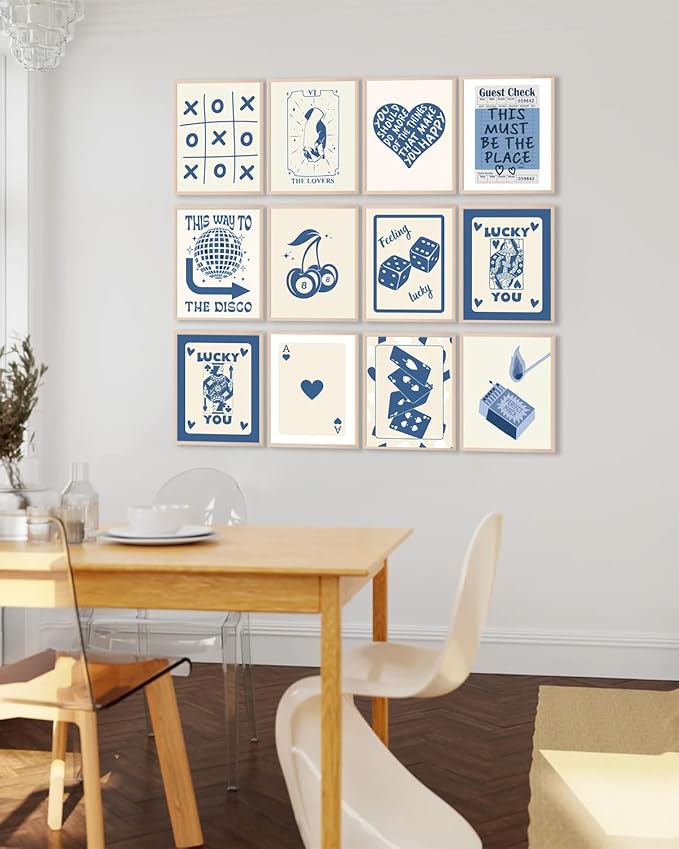 KBKBART 12pcs Blue Lucky Poster - Playing Card Wall Art, Poker Room Decor, Blue Trendy Wall Art, Funky Posters Aesthetic Pictures, Retro Ace Prints Queen of Hearts Decor for Bedroom (UNFRAMED)