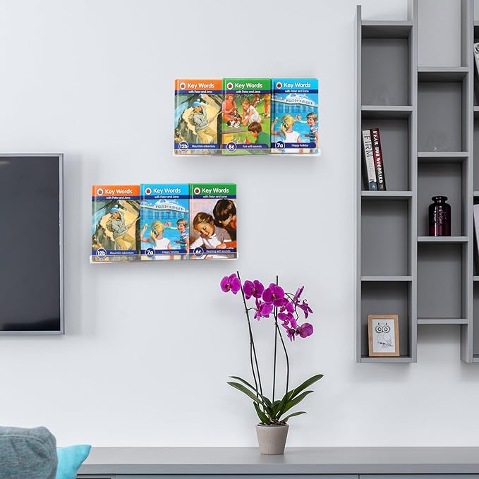 evron Acrylic Floating Shelves – 4-Pack Clear Wall Shelf for Bathroom, Bedroom, or Kitchen – Easy Installation with Adhesive (No-Drill) or Screws (Drill Required) – 13.8" Modern Rack (Clear 4 Pack)
