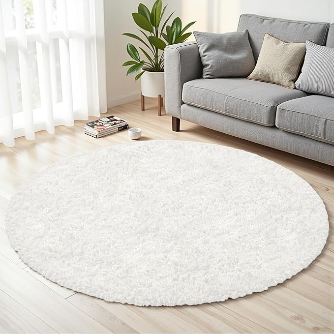 White Round Fluffy Rug 5ft,Soft Bedroom Circle Rugs Mats for Kids Girls Nursery Room,Washable Plush Shaggy Indoor Non Slip Rug for Bedside Living Room Bedroom Circular Carpet,Home Decor Aesthetic