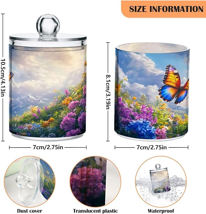 Nander 4Pack Beautiful Spring Wildflowers and Butterflies Qtip Holder Dispenser -Clear Plastic Apothecary Jars Set - Restroom Bathroom Makeup Organizers Containers for Cotton Swab, Ball, Pads, Floss