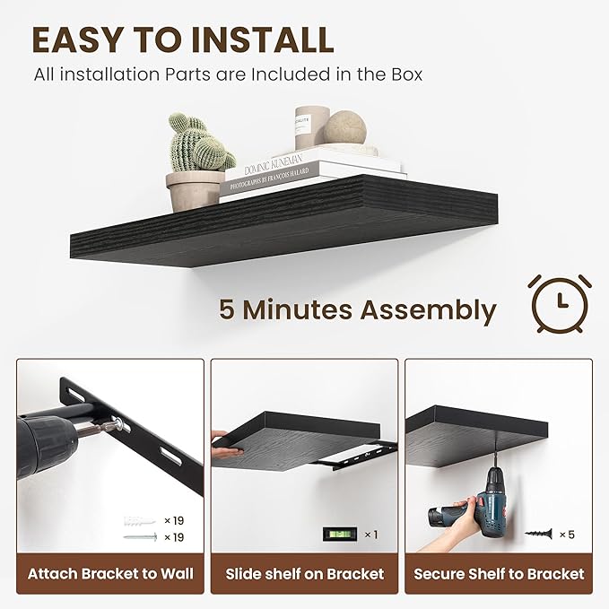 Acovy 72 inch Floating Shelves for Wall, 12 Inch Deep Floating Shelf, Hanging Shelf with Invisible Brackets, Rustic Wooden Wall Shelves for Bathroom, Bedroom, Living Room,Farmhouse Set of 1,Black