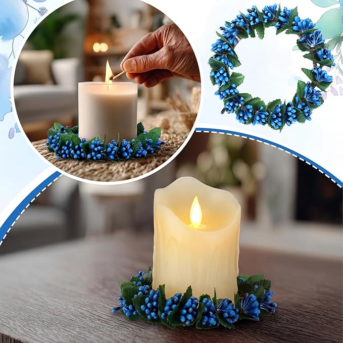 Daifunli 2 Pcs Williamsburg Blue Candle Rings Wreath Blue Pip Berry Ring Wreath for Pillar 3.9 Inch Candles Holder for Holiday Table Centerpiece Wedding Kitchen Cabinets Rustic Table Decor