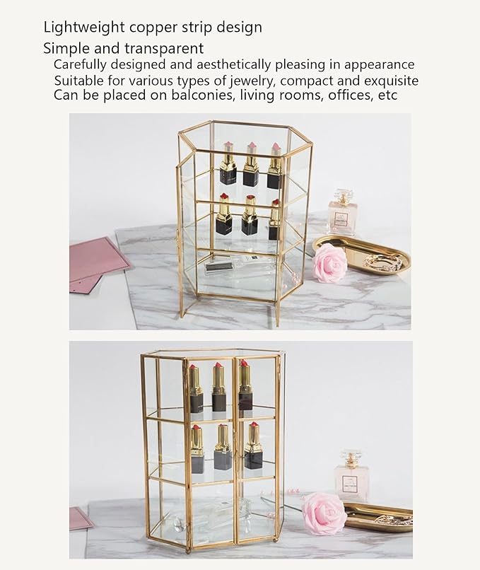 Clear Glass Storage Box, Glass Display Case, Three Layer Jewelry Case, Makeup Box, Keepsake Organizer, Multifunctional Display Cabinet for Vanity Decor Home Dresser, Gold ﻿