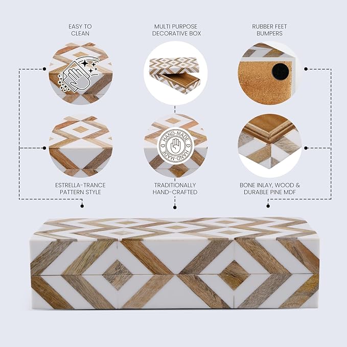 Handicrafts Home White Decorative Storage Box with Lid Wooden Coffee Table Storage Box Decorative Organizer for Living Room Decor – Resin Inlay Marquet Array Collection- 10x4.5x2.5