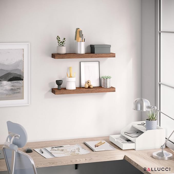 Ballucci Floating Shelves, 24" Wood Wall Shelf Set of 2, with Invisible Brackets for Bathroom, Living Room, Bedroom, Kitchen, Nursery, 6" Deep, Rustic Brown