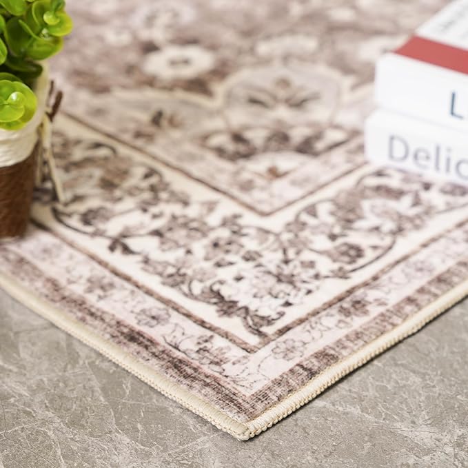 Washable Oriental Area Rug - 2x3 Rugs for Living Room Soft Carpet for Bedroom Waterproof Floral Distressed Indoor Stain Resistant Non-Shedding Floor Carpets (Beige, 2x3)