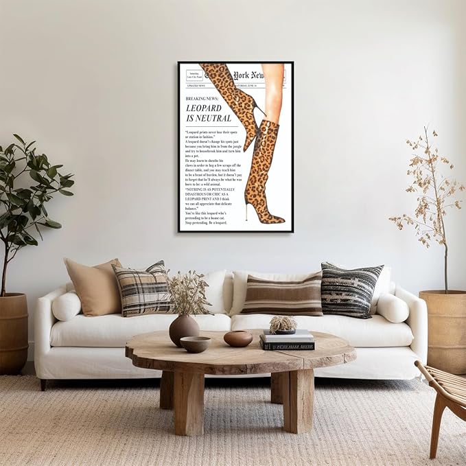 Trendy Newspaper Posters Vintage Leopard Boots Poster Feminist Canvas Prints Retro Fashion Bar Cart Magazine Cover Wall Art for Hot Girl Preppy Y2k Aesthetic Room Home Decor 16x24inch black framed