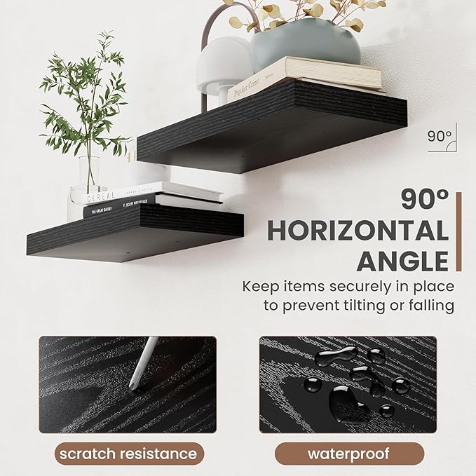 Acovy 72 Inch Floating Shelves, 8 Inch Deep Floating Shelves for Wall, Hanging Shelf with Invisible Brackets, Deep Shelves for Bathroom, Bedroom, Living Room, Black, Set of 2