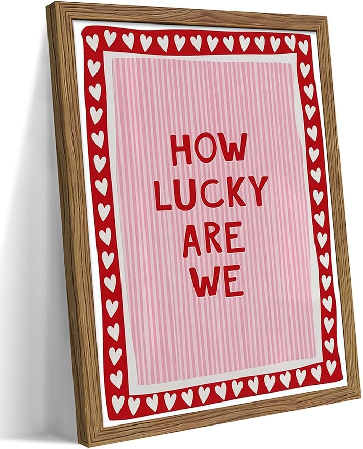 Framed How Lucky Are We Wall Art, Vintage Pink Inspirational Canvas Wall Decor Painting, Trendy Preppy Stripe Romantic Quotes Posters Prints Pictures for Bedroom Dorm Valentine Gift 16x24 Inch