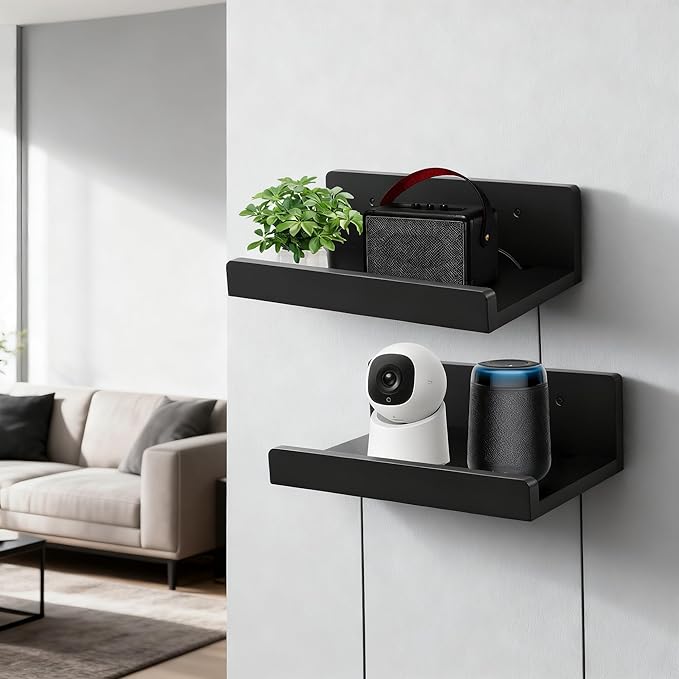 Floating Wall Shelves Set of 2, 12-Inch Solid Wood Shelves with Cable Holes, Small Display Shelf for Router, Webcam, Smart Speaker, Camera – Black