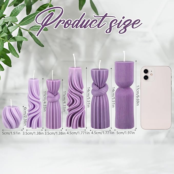 Threlaco 6 Pcs Pillar Candles Decorative Modern Aesthetic Ribbed Candle Set Cute Soy Wax Scented Ribbed Decor Commemorative Gift for Home Decoration(Purple, 2.36-6.89 Inch)