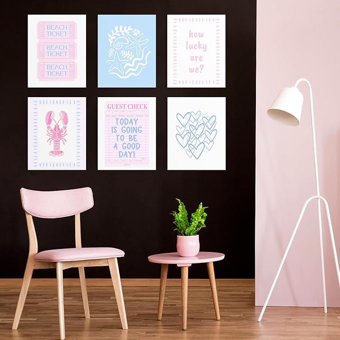 Habseligkeit Pink and Blue Wall Art Prints, Cute Wall Decors for Room Aesthtic, Posters for Girls Bedroom Decor Aesthetic Unframed, 8X10in, Set of 6