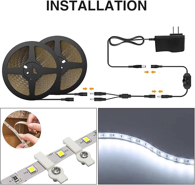 Onforu LED Strip Lights,39.37ft 6000K Dimmable Daylight White Tape Light,12m 720 LEDs 2835 Flexible Ribbon Mirror Light, 12V Adhesive Rope Lights for Kitchen, Under Cabinet, Bedroom