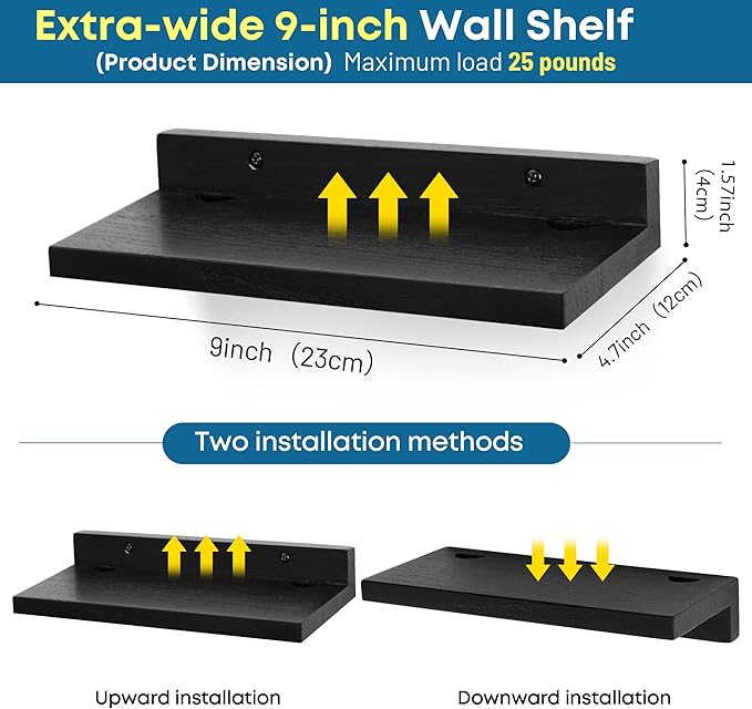 Small Floating Shelf for Wall,9X5 Inch Wall Mounted Shelf with Cord Hole,Small Display Shelves for Cameras, Webcam, Router,Smart Speaker,Action Figures-2 Pcs(Black