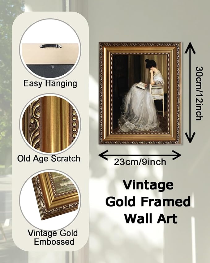 KBKBART Gold Framed Wall Art Canvas Print Home Decor for Living Room Women Reading Pictures for Bedroom Bathroom Wall Decor Women Portrait Art Wall Painting Vintage Art Prints Room Wall Decor 9x12Inch