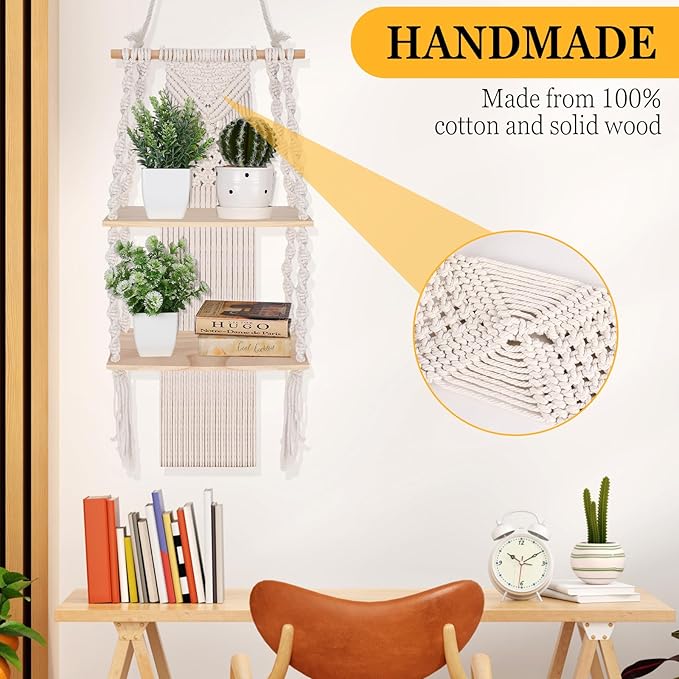 Barydat 2 Pack Macrame Wall Hanging Shelf 2 Tier Handmade Boho Hanging Wall Shelf Floating Woven Rope Decorative Storage Racks Holder Organizer for Home Bedroom Bathroom Plants, Beige (Classic)