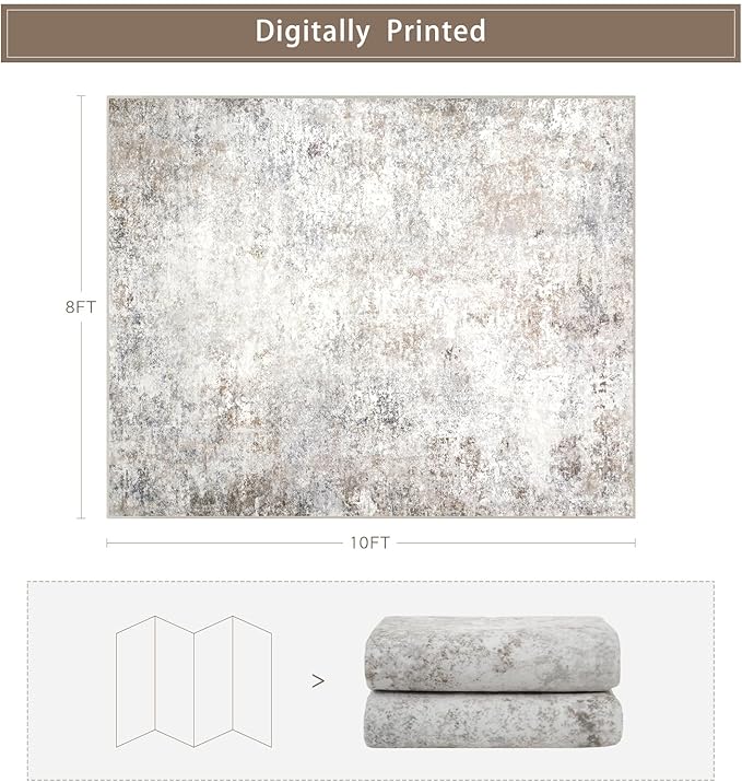 Srugn Washable Rugs 8x10 Area Rugs for Living Room,Modern Abstract Rugs for Bedroom,Large Carpets,Ultra Soft Faux Wool Retro Dining Room Rug,Non Slip&Non-Shedding Low Pile Print Rug- Beige Grey