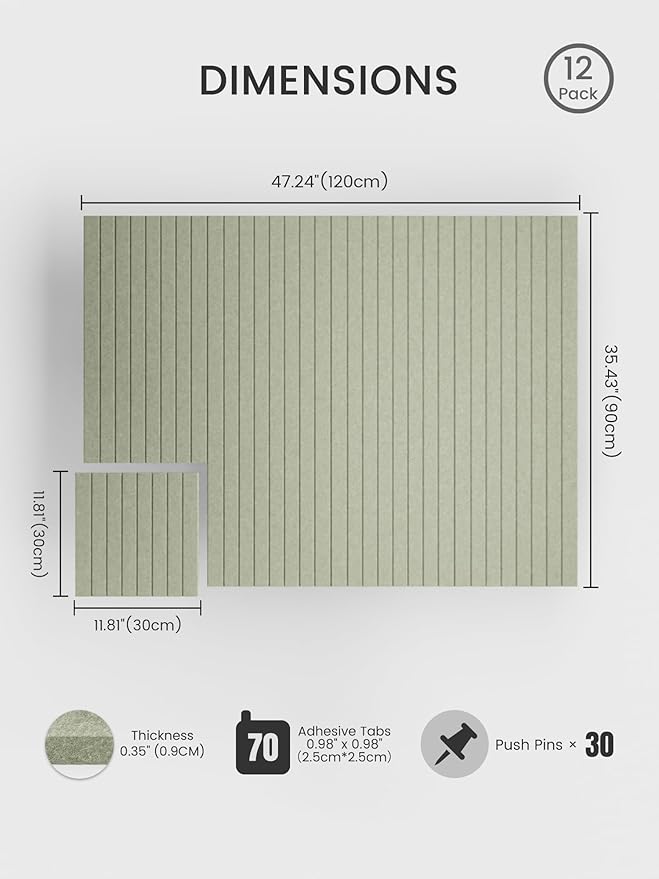 Bumusty Large Cork Board Alternative-48 x 36" Felt Bulletin Board Tiles, with 30 Pushpins, 70 Adhesive Tabs, Fine-Stripe 12-Pack, Cork Boards for Office Push Pin Board Felt Board-Sage
