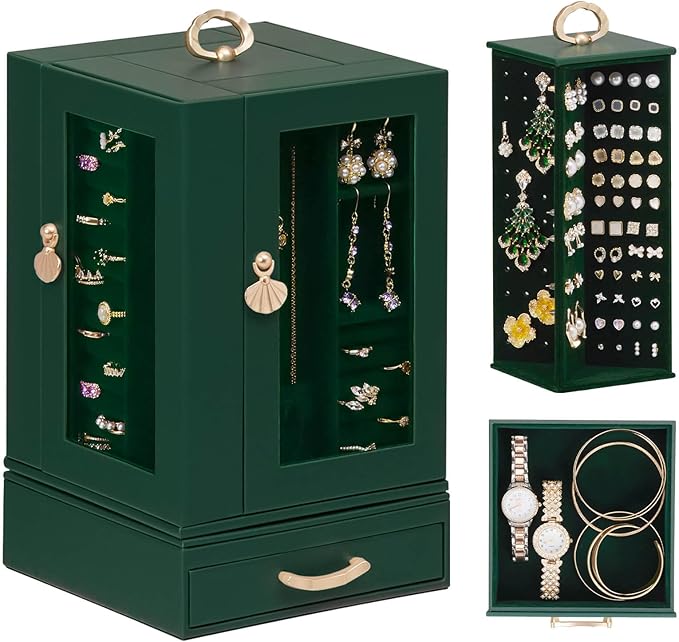 Enthralite Jewelry Box Large for Dresser: Women Necklace Ring Storage Organizer with Compartments - Elegant Earring Holder Display - 360° Rotating Jewelry Organizer with Glass Door