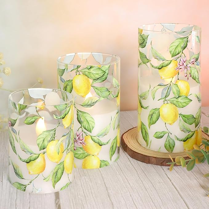 Lemon Glass Flameless Candles with Remote Timer Battery Operated LED Flicker Real Wax Pillar Candles Spring Summer Lemonade Party Kitchen Table Dinner Christmas Holiday Decor D3 x H4, 5", 6"
