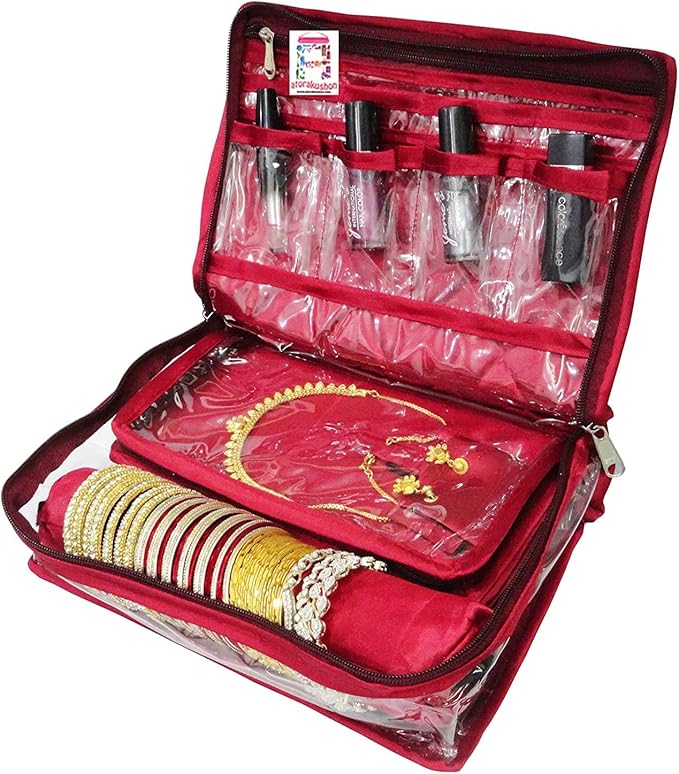 atorakushon Jewelry Travel Organizer Case Transparent Storage Zipper Locker Box Pouch for Necklaces Earrings Rings Bracelets Maroon