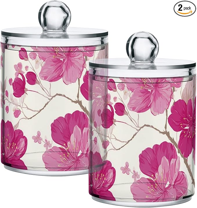 2 Pack Apothecary Jars Art Pink Peach Blossom Bathroom Vanity Storage Organizer Set,Small Clear Plastic Storage Jars Bathroom Canister for Cotton Swabs, Rounds, Balls, Qtips,Makeup Sponges, Flo