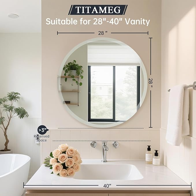 Frameless Round Mirror 28 Inch, Round Mirror with 1 inch Beveled Edge, Beveled Bathroom Mirrors for Vanity, Living Room, Entryways