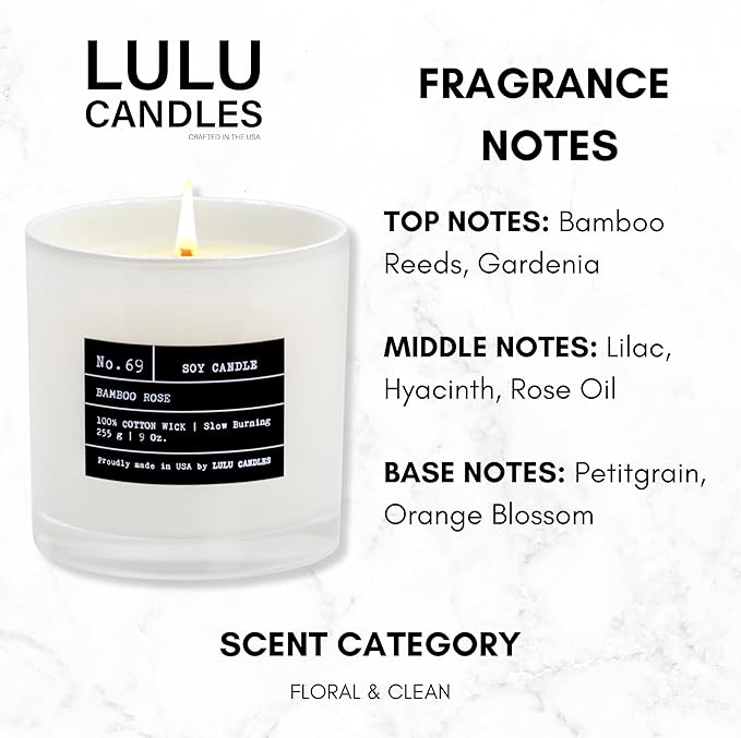 Lulu Candles | Bamboo Rose | Highly Scented Candles for Home - Soy Blend Jar Candle with 100% Cotton Wick - Slow Burning (9 Oz.)