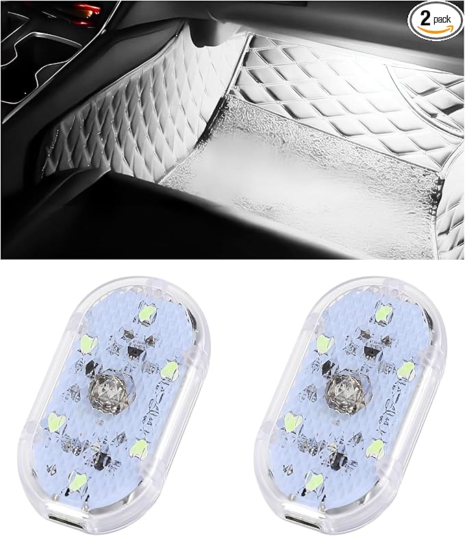 2 PCS Car LED Lights Interior Wireless, Super Bright Auto Interior Ambient Light with 6 Bright LED Lamp Beads, Portable USB Rechargeable Car Led Night Light for Vehicle Decor(White)