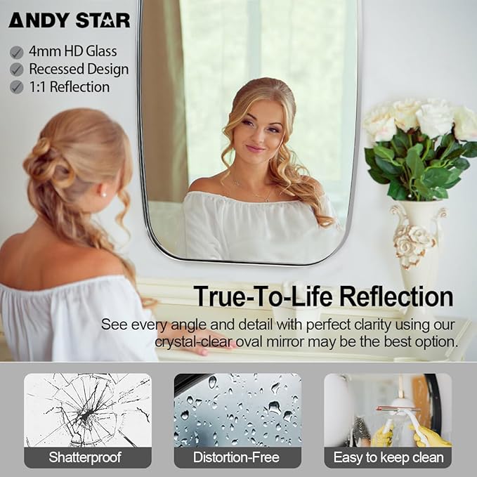 ANDY STAR Chrome Oblong Mirror, 36x40 Inch Polished Chrome Oval Mirror for Bathroom with Stainless Steel Metal Frame, Wall Mouned for Bathroom, Living Room, Entryway