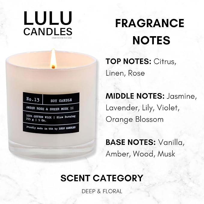 Lulu Candles | Amber, Rose & Sheer Musk II | Luxury Scented Soy Jar Candle | Hand Poured in The USA | Highly Scented & Long Lasting- 9 Oz.