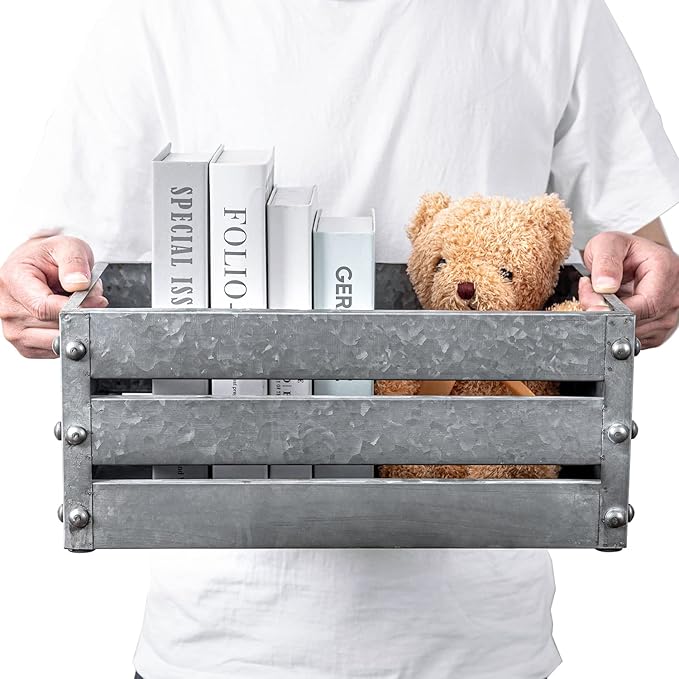 MyGift 16-inch Rustic Silver Galvanized Metal Storage Crate Display Box with Vintage Corner Studs & Handles