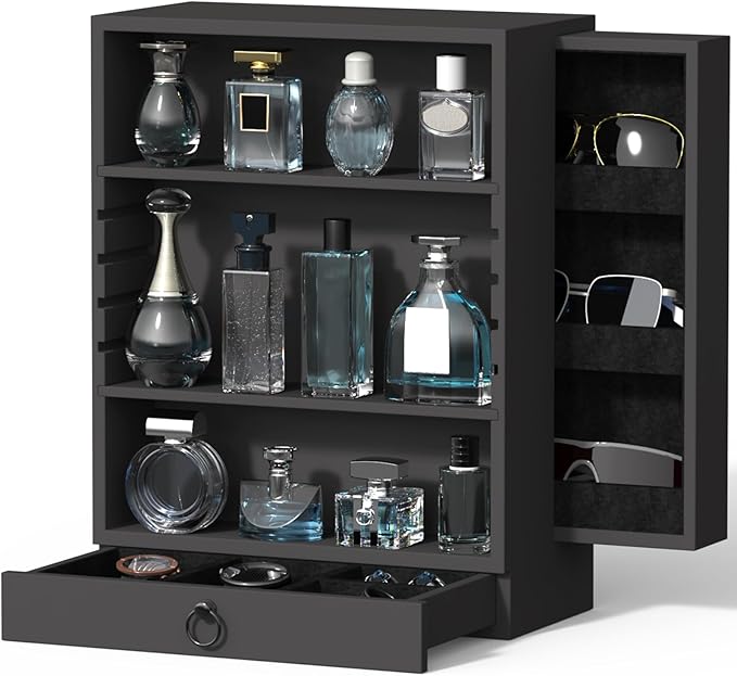 Wooden Cologne Organizer for Men Sliding 4 Tiers of Standing Perfume Display Stand with Side & Under Double Drawers Large Storage Perfume Organizer Display Shelf Holder,Gift for Man (Classic Black)