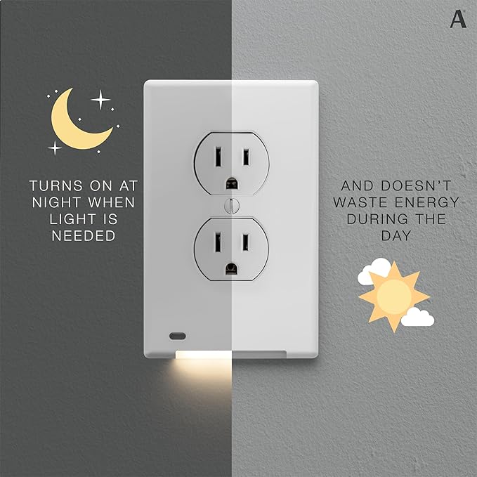 AMERELLE Universal LumiCover Wallplate with Built-In Night Light, Standard Duplex, White, 4-Pack - Easy DIY Installation, Convenient Low-Profile Design, for GFCI Outlets