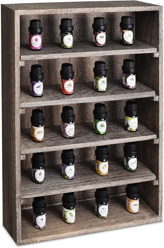 Ikee Design Wooden Wall-Mounted Display Shelves Rack for Collectibles-Figures,Shot Glasses,Spice Can,Cosmetics or Perfume-5 Adjustable Height Shelves,Space-Saving,Coffee Color